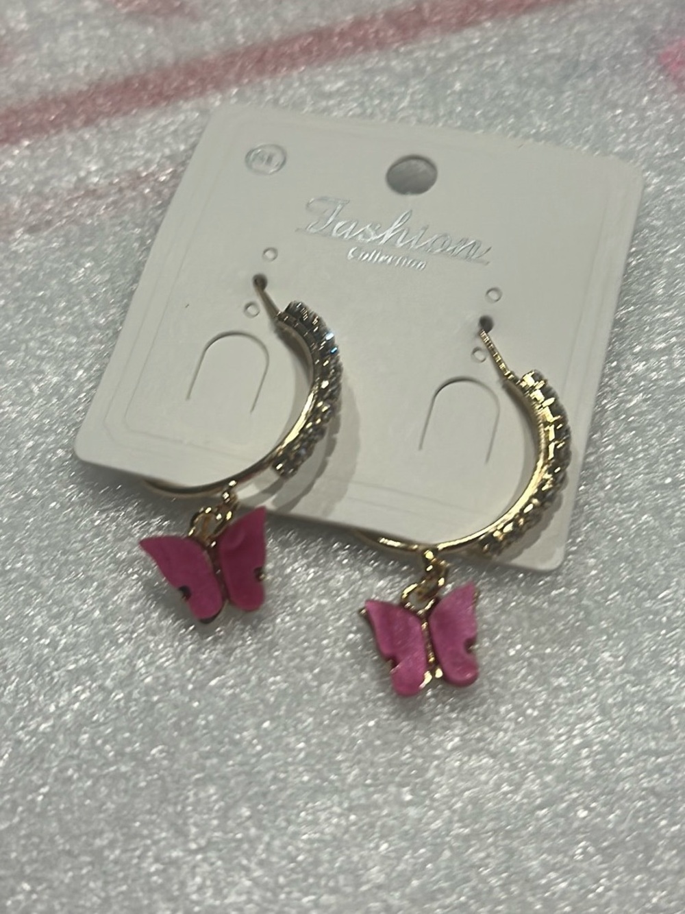Gold Hoop Earrings with Pink Butterfly Charms